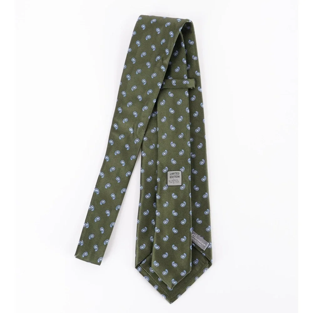 Daniel Cremieux 7 Fold Silk Necktie Tie Olive Green Paisley Made in Italy